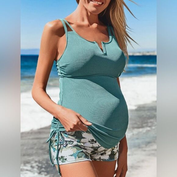 Summer Mae Ribbed Maternity Two-Piece Swimsuit Tankini Silhouette Bloom 8 NWT - Picture 3 of 14